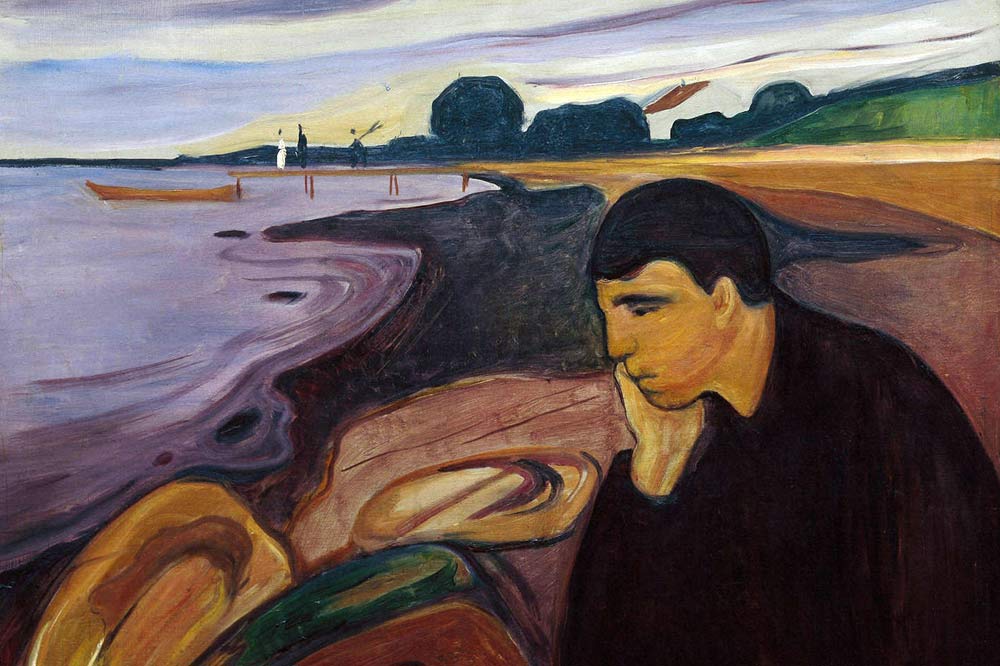 Gemälde eines Mannes, der melancholisch auf einen Fluss schaut